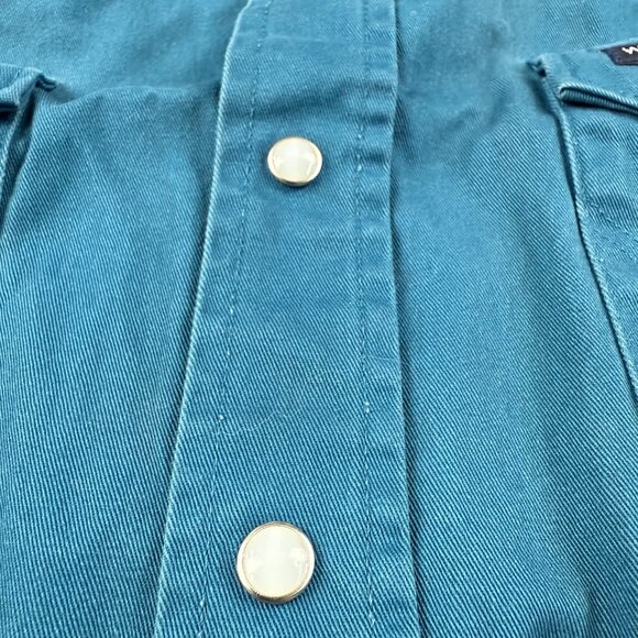 Vintage 90s Wrangler Pearl Snap Western Shirt Teal Denim Cowboy XL Long Sleeve - Picture 5 of 11